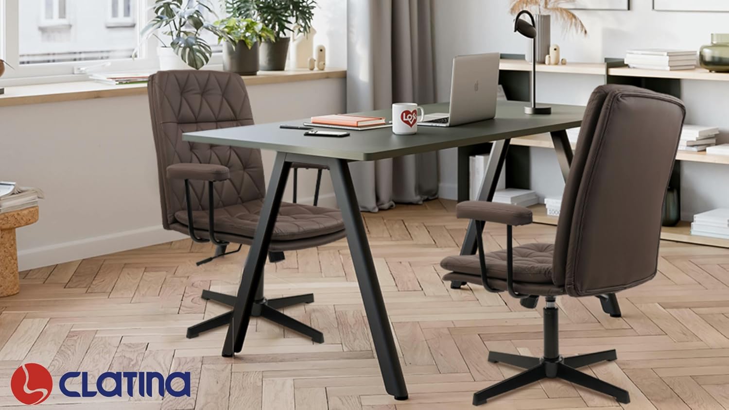 CLATINA Leather Cross-Legged Office Chair No Wheels with