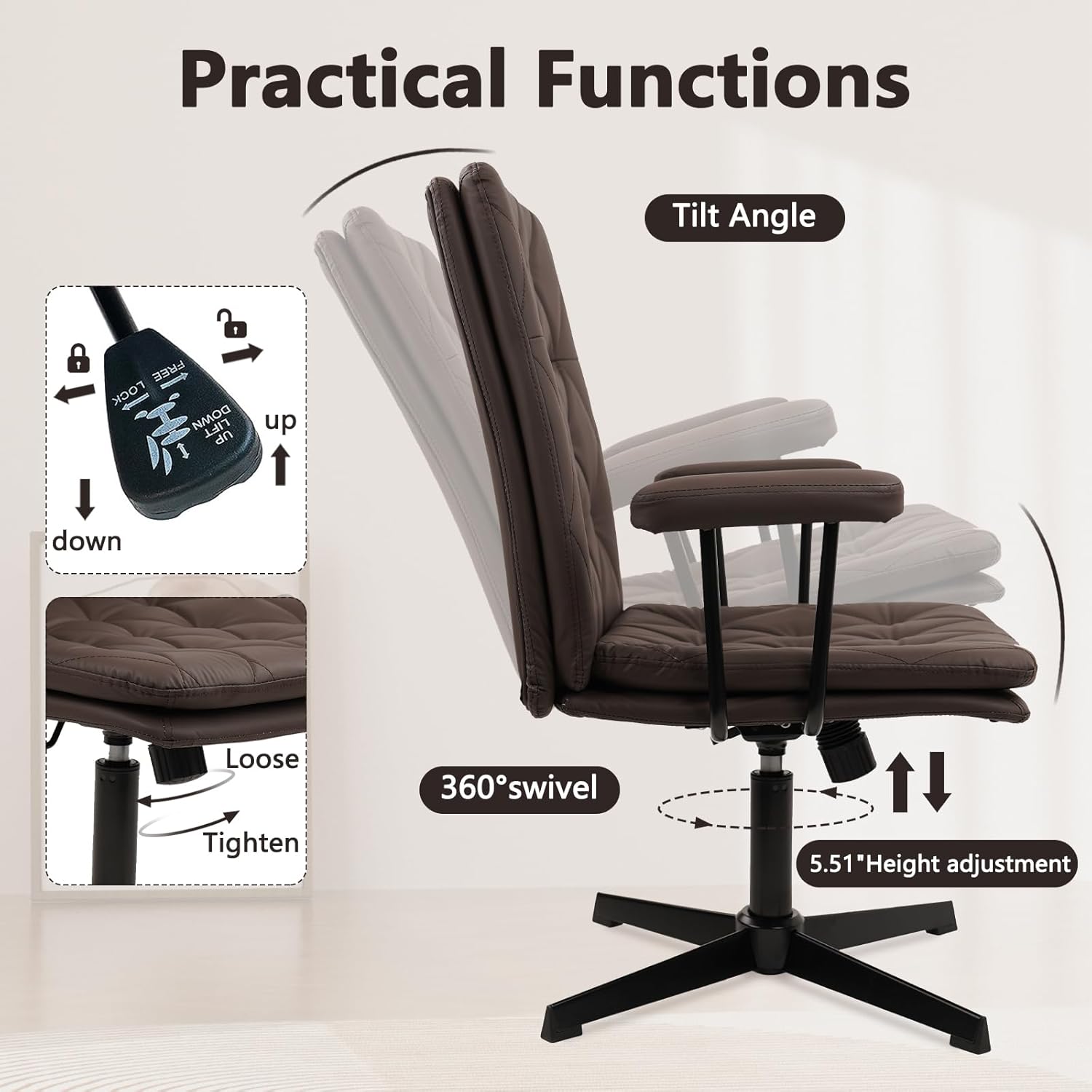 CLATINA Leather Cross-Legged Office Chair No Wheels with